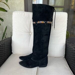 Woven Suede Knee-High Lace-Up Boots
